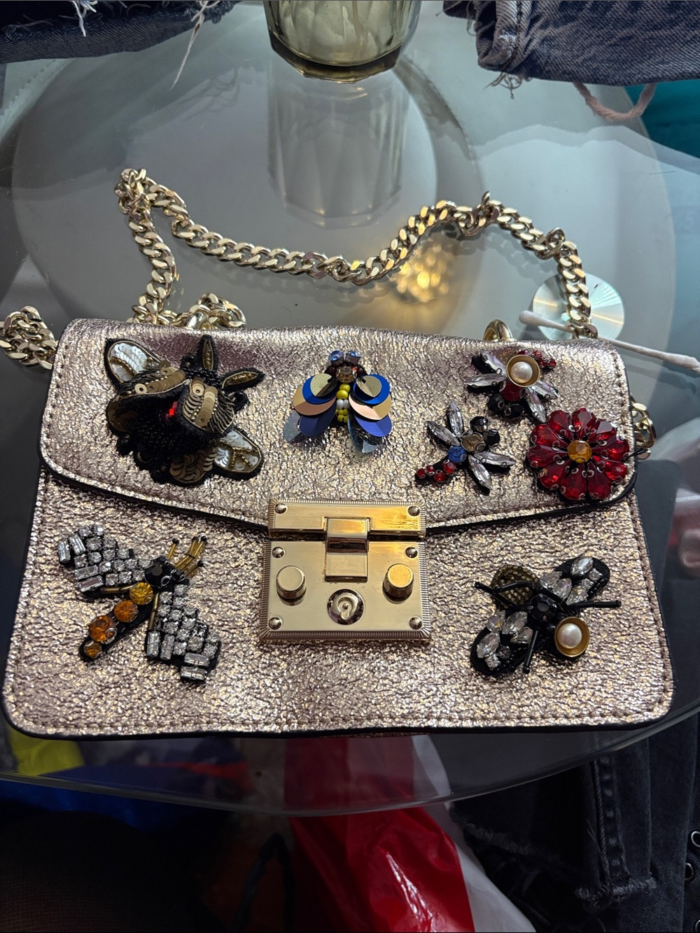 Embellished  Steve Madden  Metallic Shoulder Bag - Gold Chain